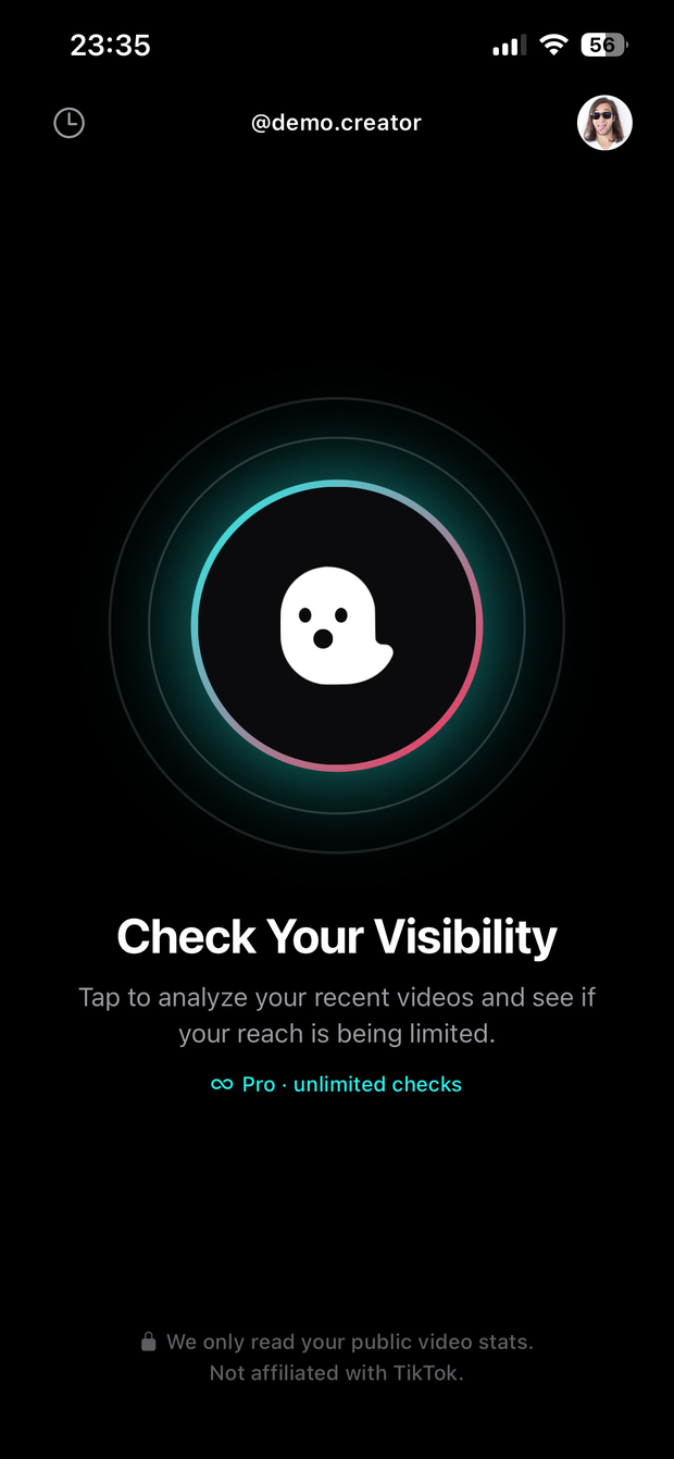 Shadowban Checker home — tap to check your TikTok visibility